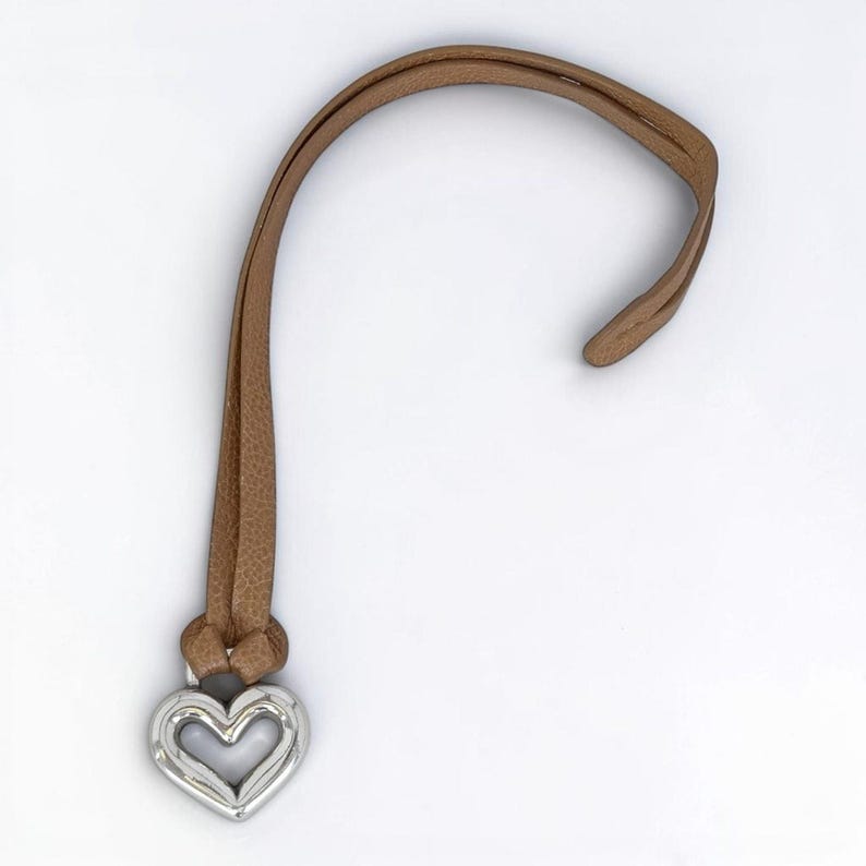 Brighton Vintage Leather Key Loop Bag Charm Fob Hangtag Silver Heart Taupe Beige image 2
