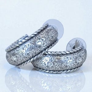 Brighton Alameda Hoop Earrings Etched Floral Rhinestone Woven Edge Post Retired image 1