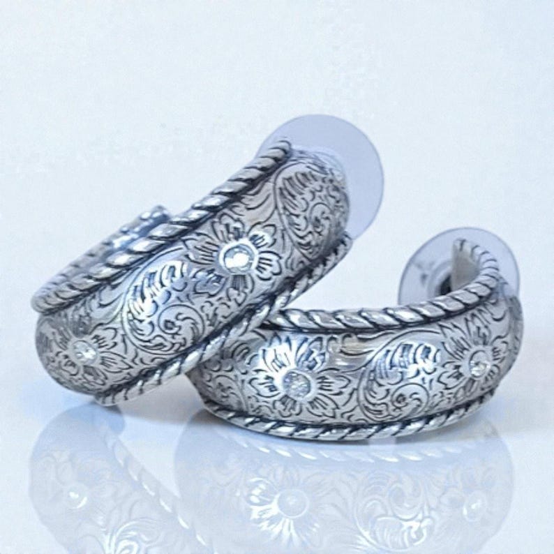 Brighton Alameda Hoop Earrings Etched Floral Rhinestone Woven Edge Post Retired image 1