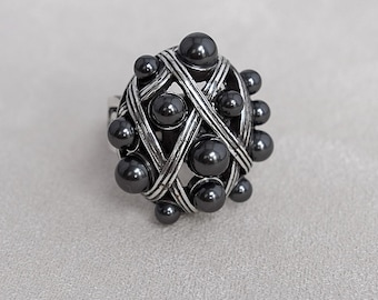 Vintage Brighton Domed Cluster Ring Gray Faux Pearls Silver Plated Size 7 Chunky