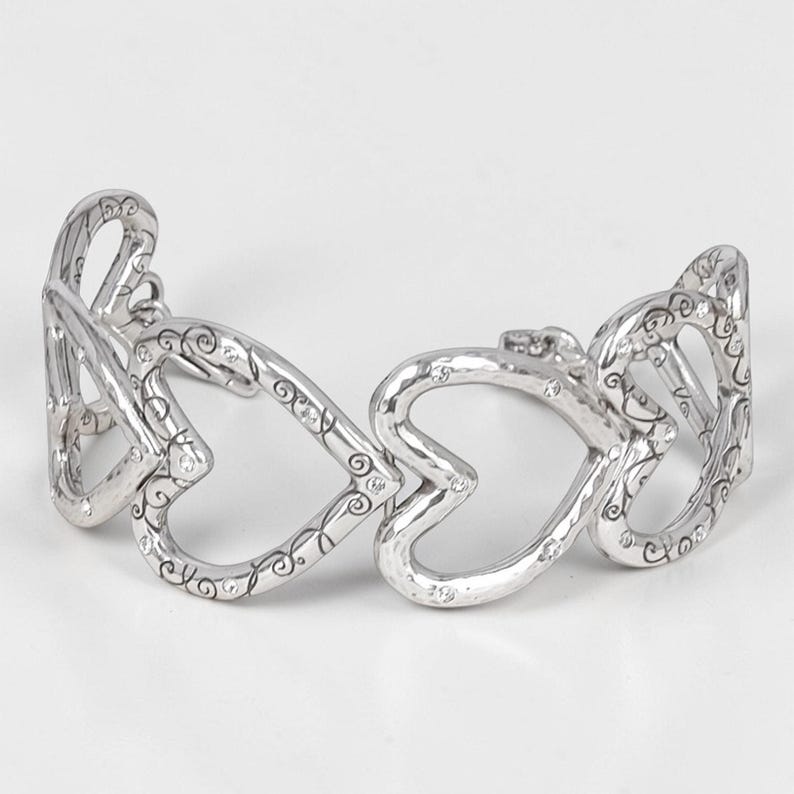 Brighton Open Hearts Retired Link Bracelet Etched Crystal Silver Plated image 1