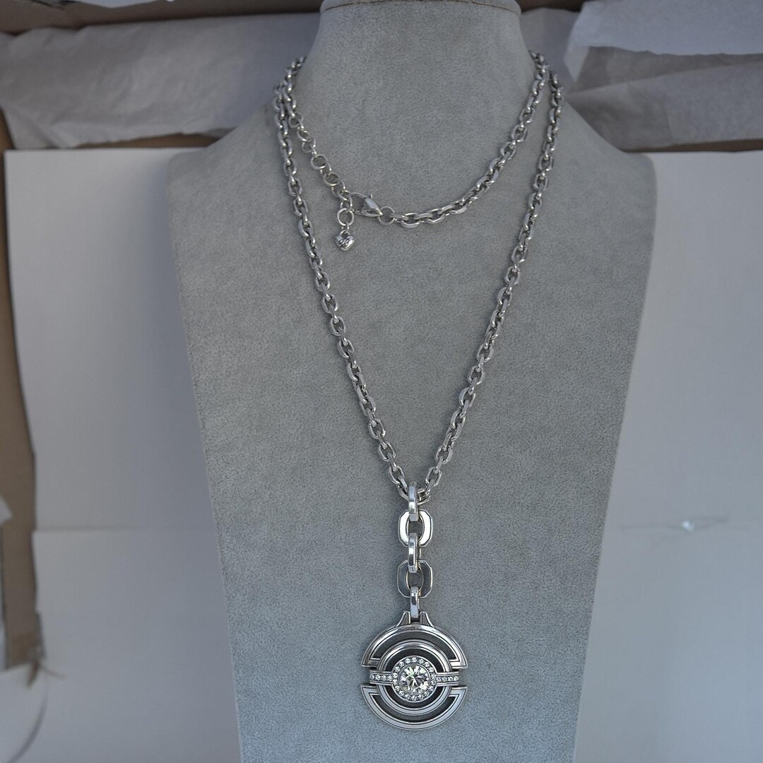 Brighton Crystal Medallion Necklace Silver Plated Long Chunky ...