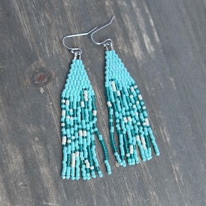 Flower Seed Beads Fringe Earrings Miyuki Delica Seafoam Green Lustre Handwoven