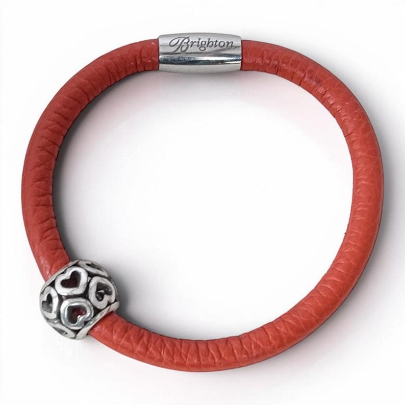 Brighton Woodstock Single Leather Bracelet Brick Orange Magnetic Heart Charm 8" image 2