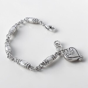 Vintage Brighton Blaire Brushed Silver Barrel Link Bracelet Dangling Heart Charm image 2