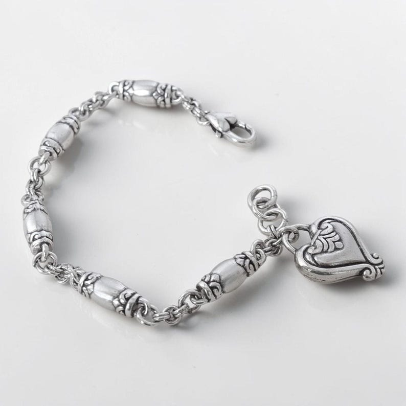 Vintage Brighton Blaire Brushed Silver Barrel Link Bracelet Dangling Heart Charm image 2