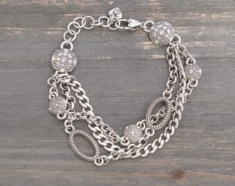 Brighton Fifth Avenue Bracelet Three Strand Chain Silver Plated Crystals 8"