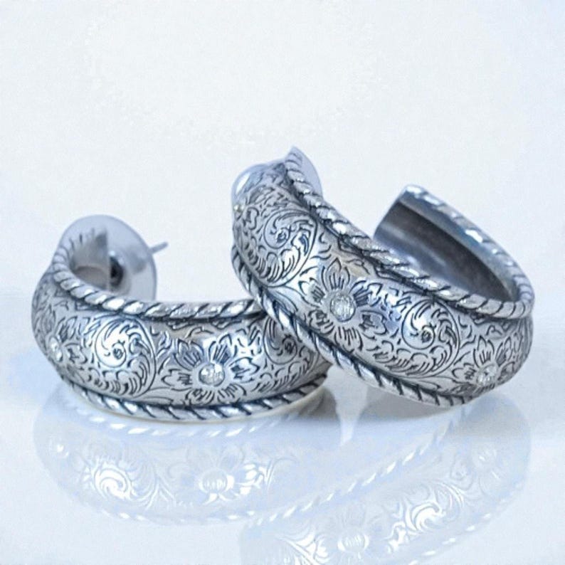 Brighton Alameda Hoop Earrings Etched Floral Rhinestone Woven Edge Post Retired image 3