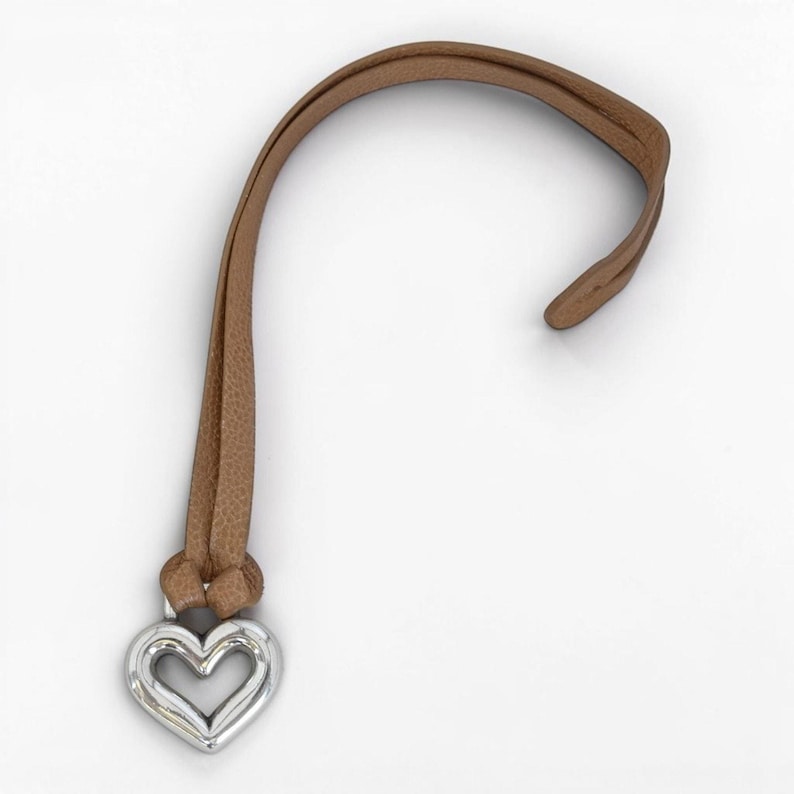 Brighton Vintage Leather Key Loop Bag Charm Fob Hangtag Silver Heart Taupe Beige image 1