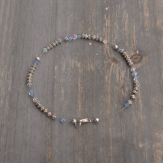 Beaded 925 Sterling Siver Anklet 10" Blue Crystal… - image 3