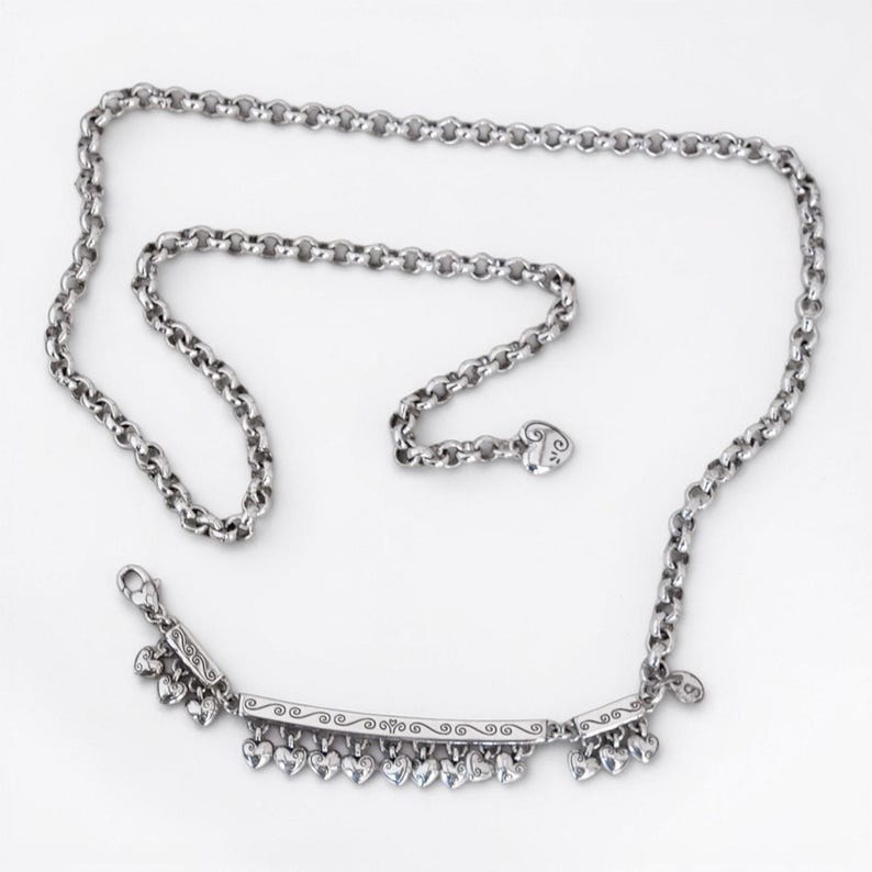Brighton Rare Retired Skinny Chain Belt Dangling Hearts Silver Size Small 28In image 1