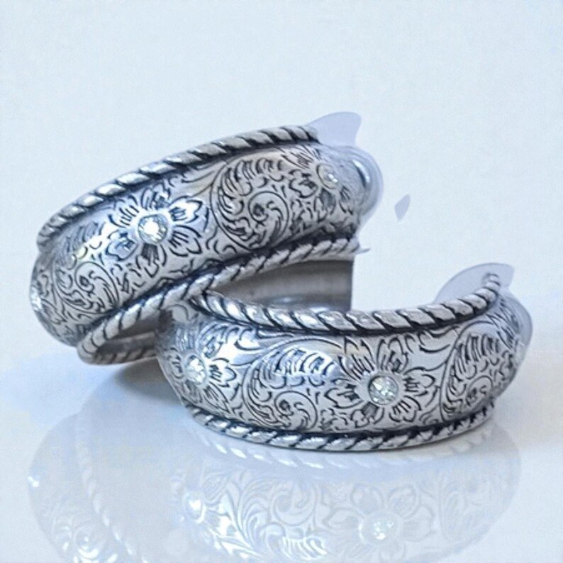 Brighton Alameda Hoop Earrings Etched Floral Rhinestone Woven Edge Post Retired image 5