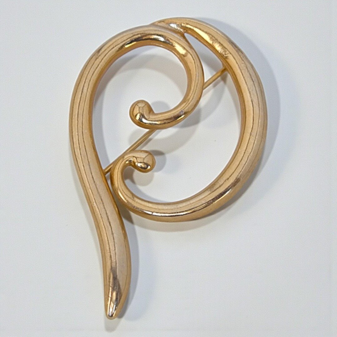 Vintage Gold Tone Letter P Monogram Swirl Brooch Classic Initial Pin ...