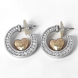 Brighton Rare Gold Heart Two Tone Hoop Earrings Hammered Crystal 1 Inch Post image 6