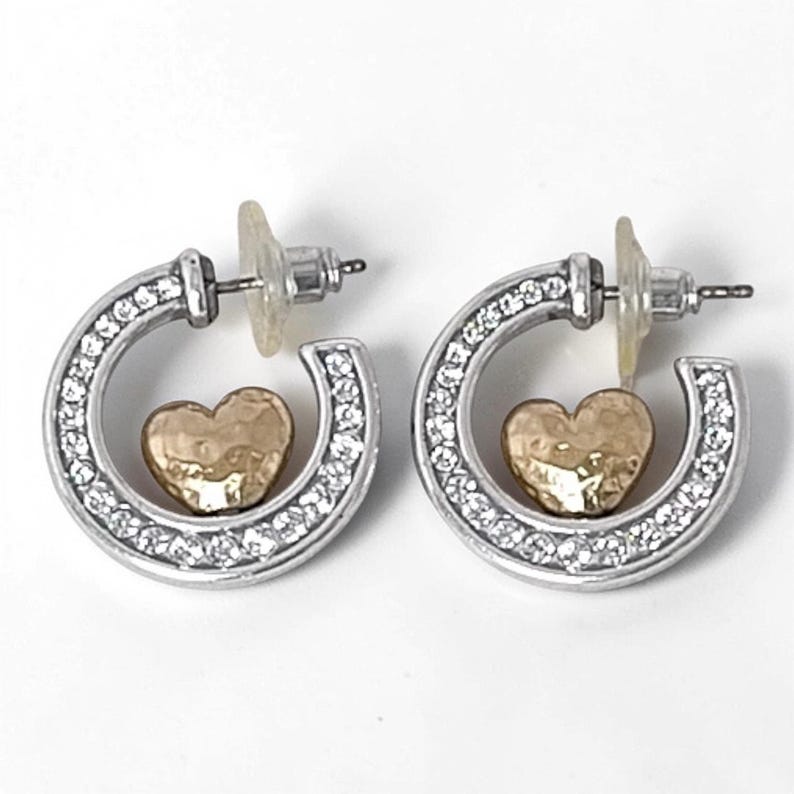 Brighton Rare Gold Heart Two Tone Hoop Earrings Hammered Crystal 1 Inch Post image 6