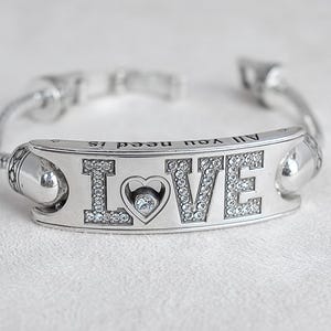 Brighton LOVE ID Charm Bracelet Silver Plated Retired Design Removable Straps 7&quot; Fold Over Clasp Vintage
