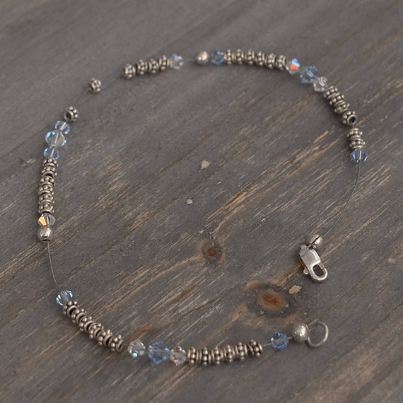 Beaded 925 Sterling Siver Anklet 10" Blue Crystal… - image 9