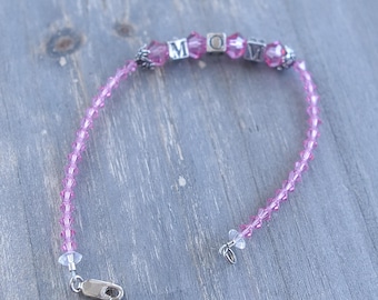 Sterling Silver "MOM" Bracelet: Pink Crystal Beads, 7.5"
