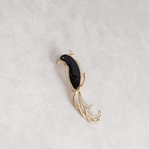 Vintage Black White Enamel Bird Pin Gold Design Pin Clasp Gift Keepsake Whimsical Cute Bird Jewelry Statement Piece Retro Style