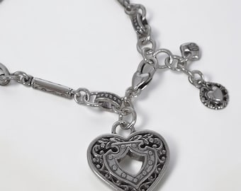 Brighton Silver Heart Charm Link Bracelet Vintage Retired 7-8" Adjustable