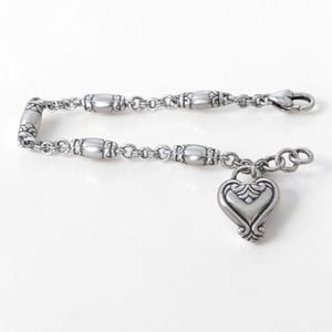 Vintage Brighton Blaire Brushed Silver Barrel Link Bracelet Dangling Heart Charm image 3
