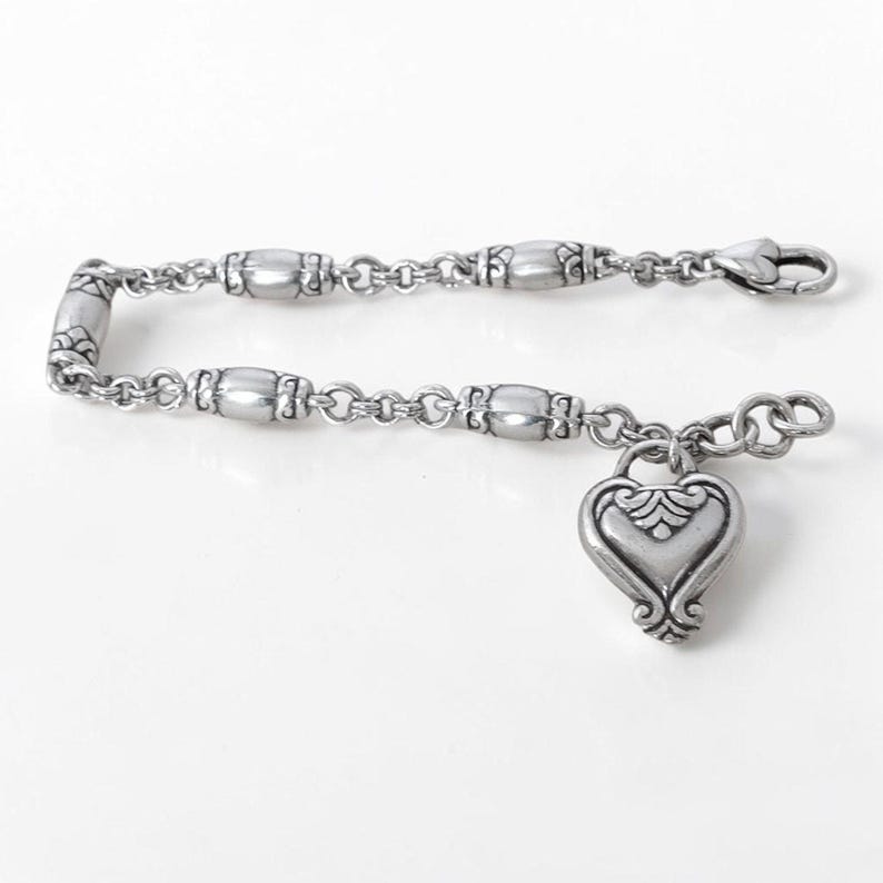 Vintage Brighton Blaire Brushed Silver Barrel Link Bracelet Dangling Heart Charm image 3