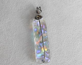 Rectangular Dichroic Glass Boho Pendant Wire Wrapped Iridescent Sheen Color Shifting Handmade Art Glass