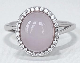 Vintage Sterling Silver 925 Pink Quartz & CZ Halo Ring Size 6.75