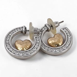Brighton Rare Gold Heart Two Tone Hoop Earrings Hammered Crystal 1 Inch Post image 2