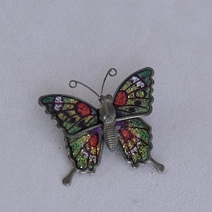 Vintage Butterfly Brooch Pin Colorful Enamel Red Yellow Green Brass Tone