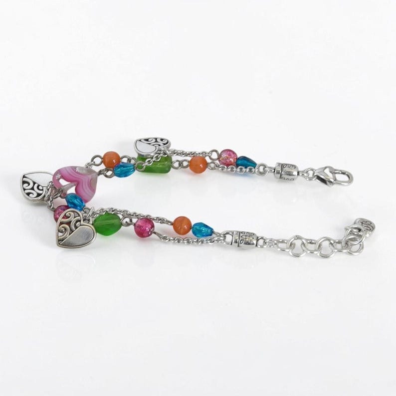 Brighton Deco Bright Double Chain Bracelet Pastel Art Glass Beads Heart Retired image 3