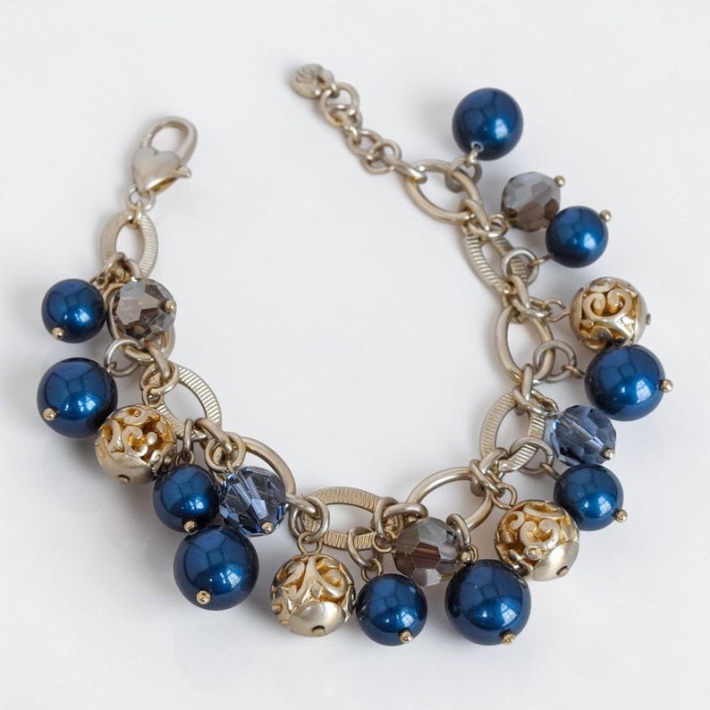 Brighton Contempo Chic Beaded Bracelet Dark Blue Pearlescent Gold Plated Retired image 1