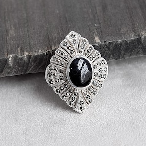Art Deco Sterling Silver Onyx Ring Vintage Marcasite Size 7.5 8.6g Marquise