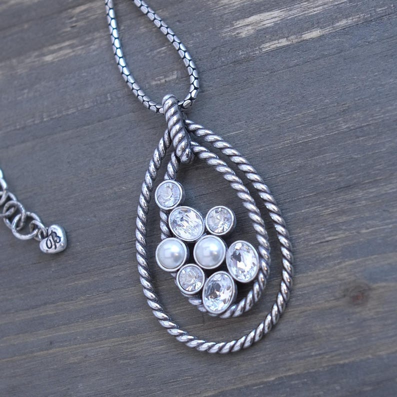 Brighton Monte Carlo Teardrop Pendant Necklace Silver Crystal Pearl Retired image 4
