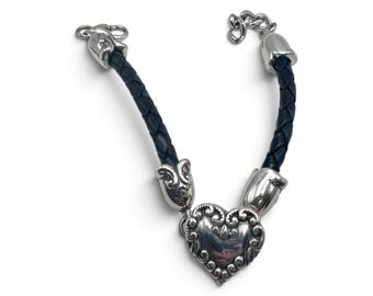Vintage Brighton Black Braided Leather Silver Heart Bracelet Adjustable 7-8"