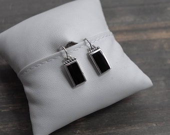 Boucles d'oreilles vintage en argent sterling 925 avec onyx noir pendantes rectangulaires géométriques