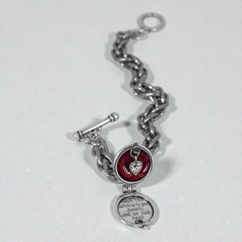 Brighton Healing Heart Silver Locket Bracelet Toggle Clasp Clear Crystal Retired image 4