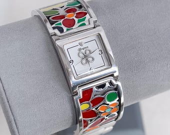 Brighton Meadow Ladies Watch Retired Multicolor Floral Enamel Silver 7" Wrist