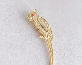 Vintage Gold Tone Parrot Brooch: Red Eye Bird Pin