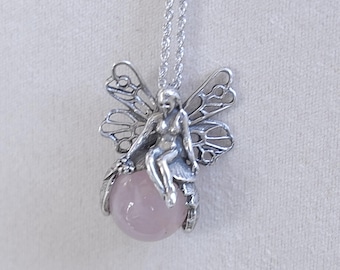 Halsband i sterlingsilver 925 med älvhänge, 3D-rosenkvartskristall, 8,8 g