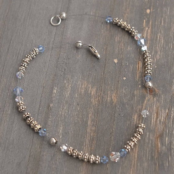 Beaded 925 Sterling Siver Anklet 10" Blue Crystal… - image 4