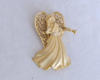 JJ Angel Brooch Vintage Gold-Tone Openwork Crystal Statement Piece