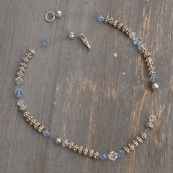 Beaded 925 Sterling Siver Anklet 10" Blue Crystal… - image 6