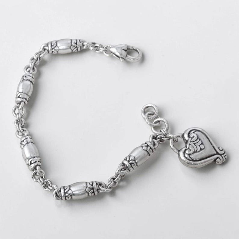 Vintage Brighton Blaire Brushed Silver Barrel Link Bracelet Dangling Heart Charm image 6