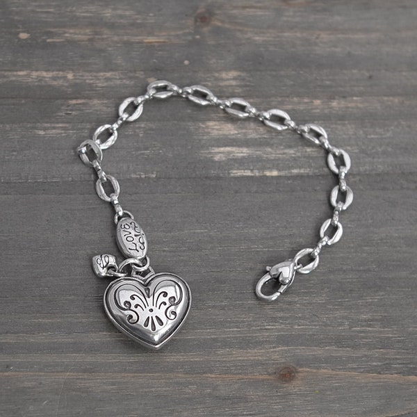 Brighton Heart Charm Bracelet Oval Links Chain Etched Silver Plated Vintage 7"