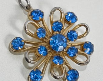 Vintage Gold Tone Blue Rhinestone Flower Pendant 1960s Mid Century