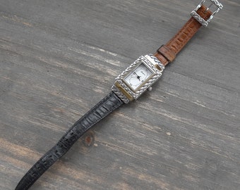 Brighton Augusta Watch Two Tone 7" Reversible Band Retired Brown Black Leather