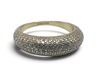 Sterling Silver 925 Gold Tone CZ Domed Statement Ring Prong Set Size 9 4.2g
