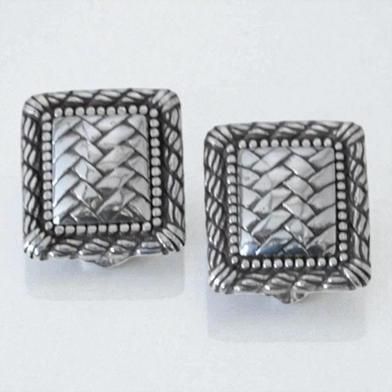 Vintage Brighton Rectangular Clip On Earrings Woven Pattern Silver Plated Rare image 1
