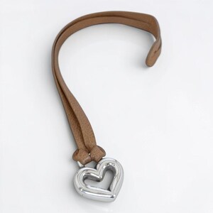 Brighton Vintage Leather Key Loop Bag Charm Fob Hangtag Silver Heart Taupe Beige image 3